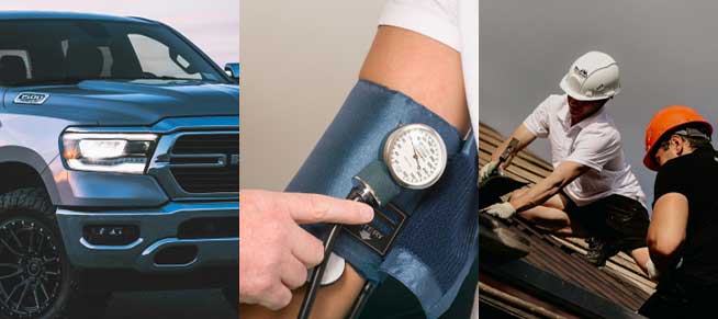 A collage of a blue truck, a person with a blood pressure monitor, and two people with hard hats working on a roof.