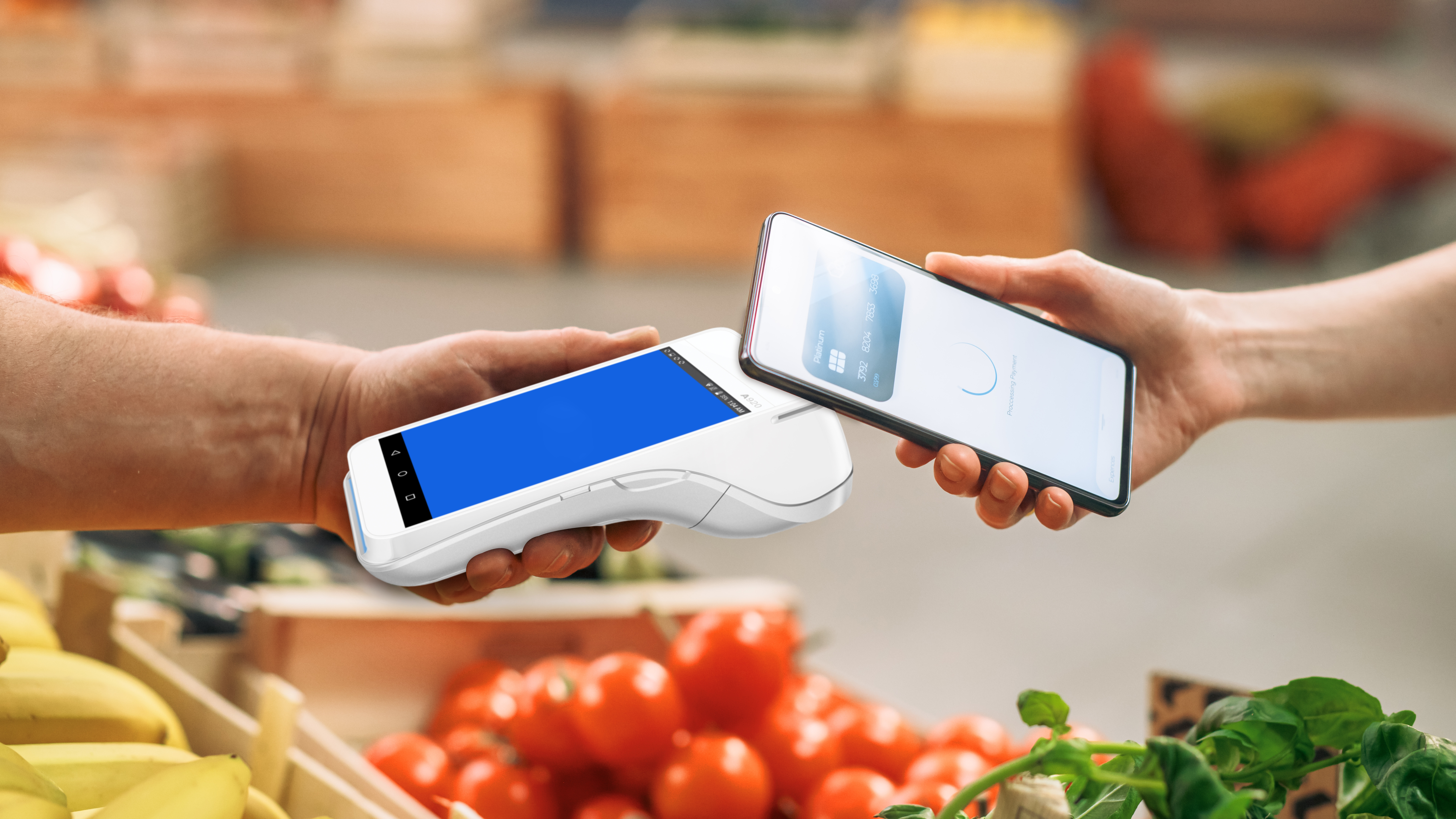 mobile contactless payment on handheld POS machine at vegetable stand