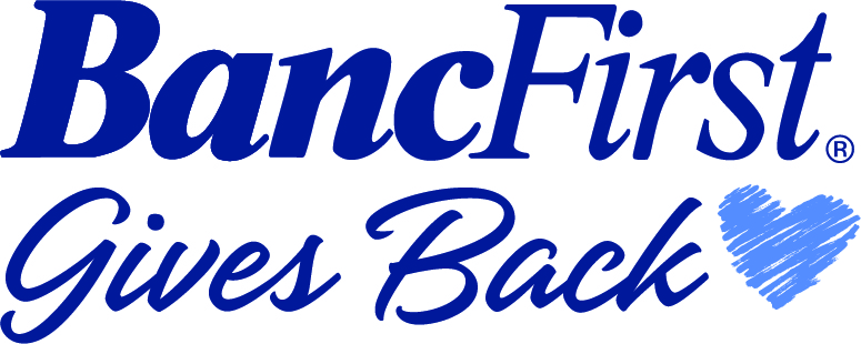 Logo with "BancFirst Gives Back" with a blue heart.