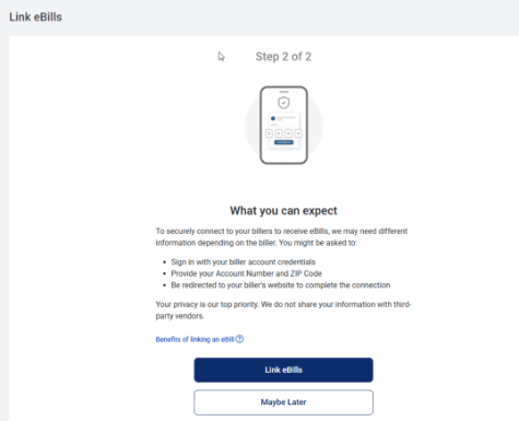 BillPay Link eBills screen
