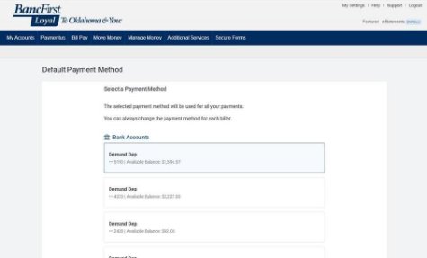 BillPay Default Payment Methods screen