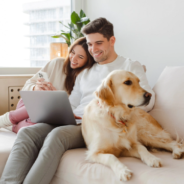Happy couple sitting couch working on laptop next to white dog