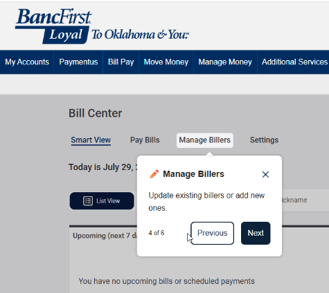 BillPay Bill Center: Manage Billers