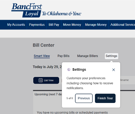 BillPay Bill Center: Settings