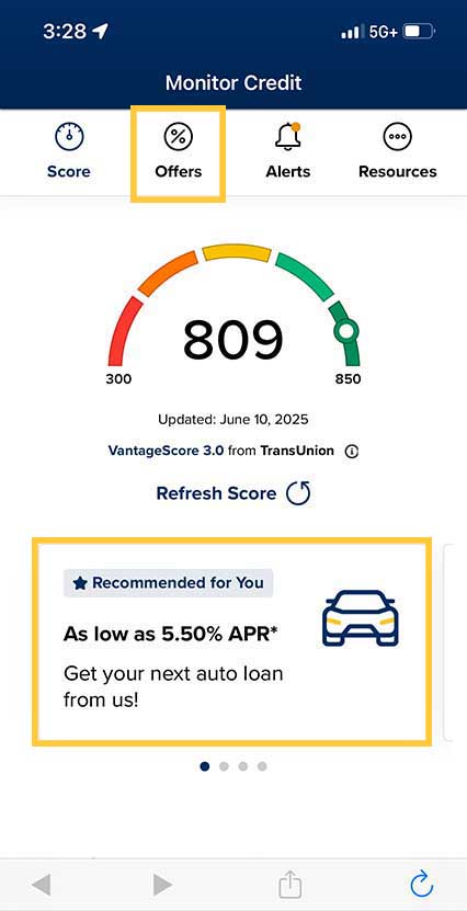screenshot of phone with SavvyMoney Credit Score and loan promotion banner